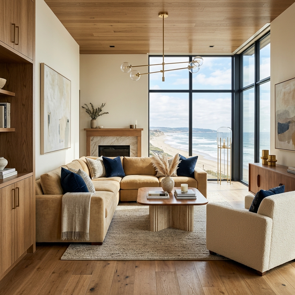 Sala de estar moderna y lujosa diseñada por EM Home Decor