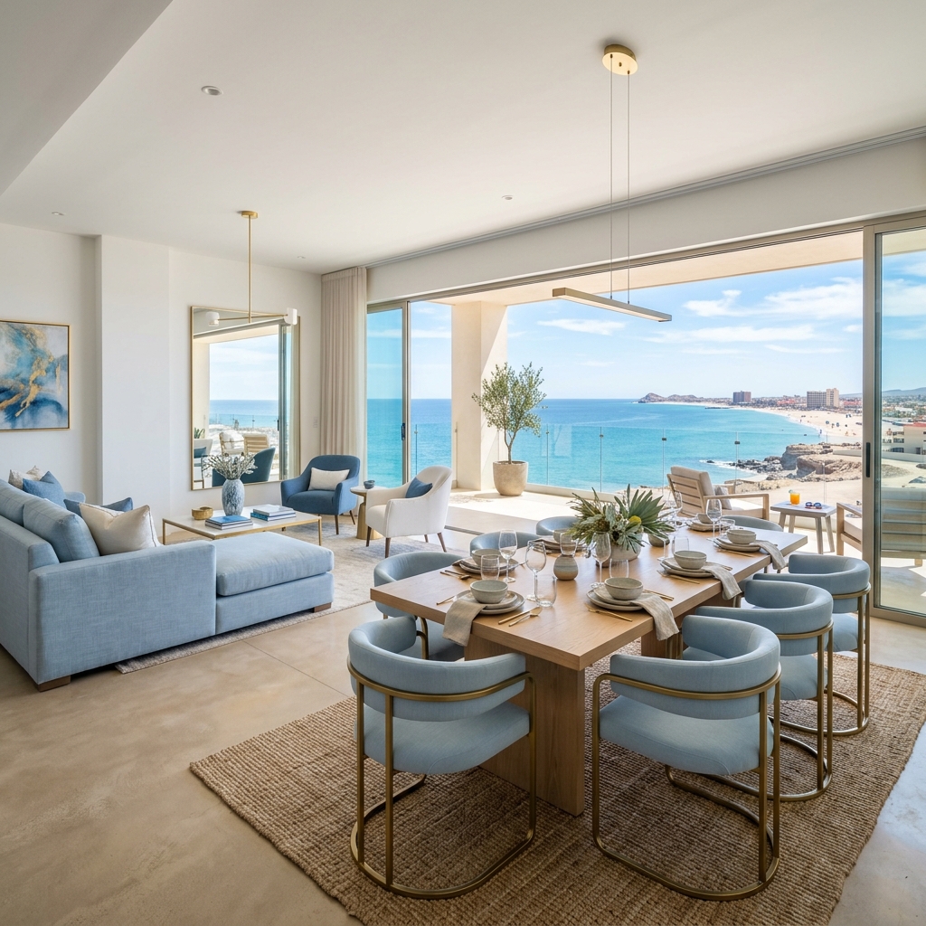 Comedor en condominio de playa con vista al mar