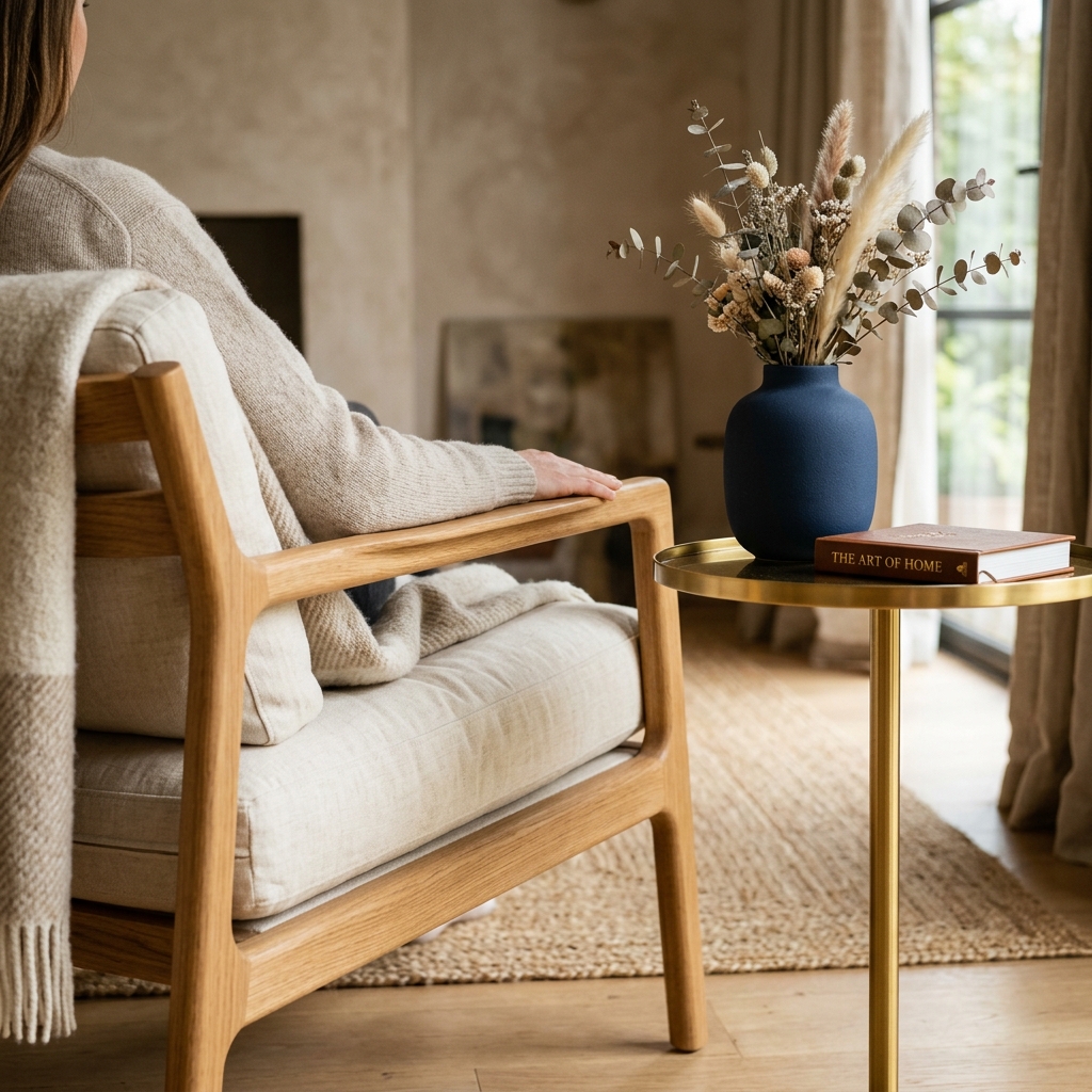 Sillón de madera moderno con textiles de lino premium